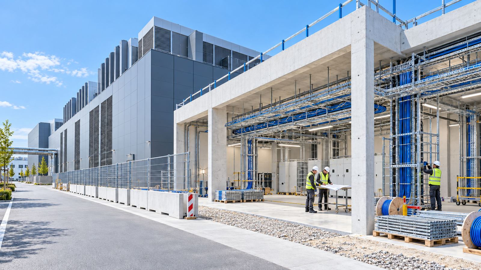 KI-generierte Visualisierung: Fachkräfte mit Plänen in einem Anbau mit Kabeltrassen neben einem Rechenzentrumsgebäude